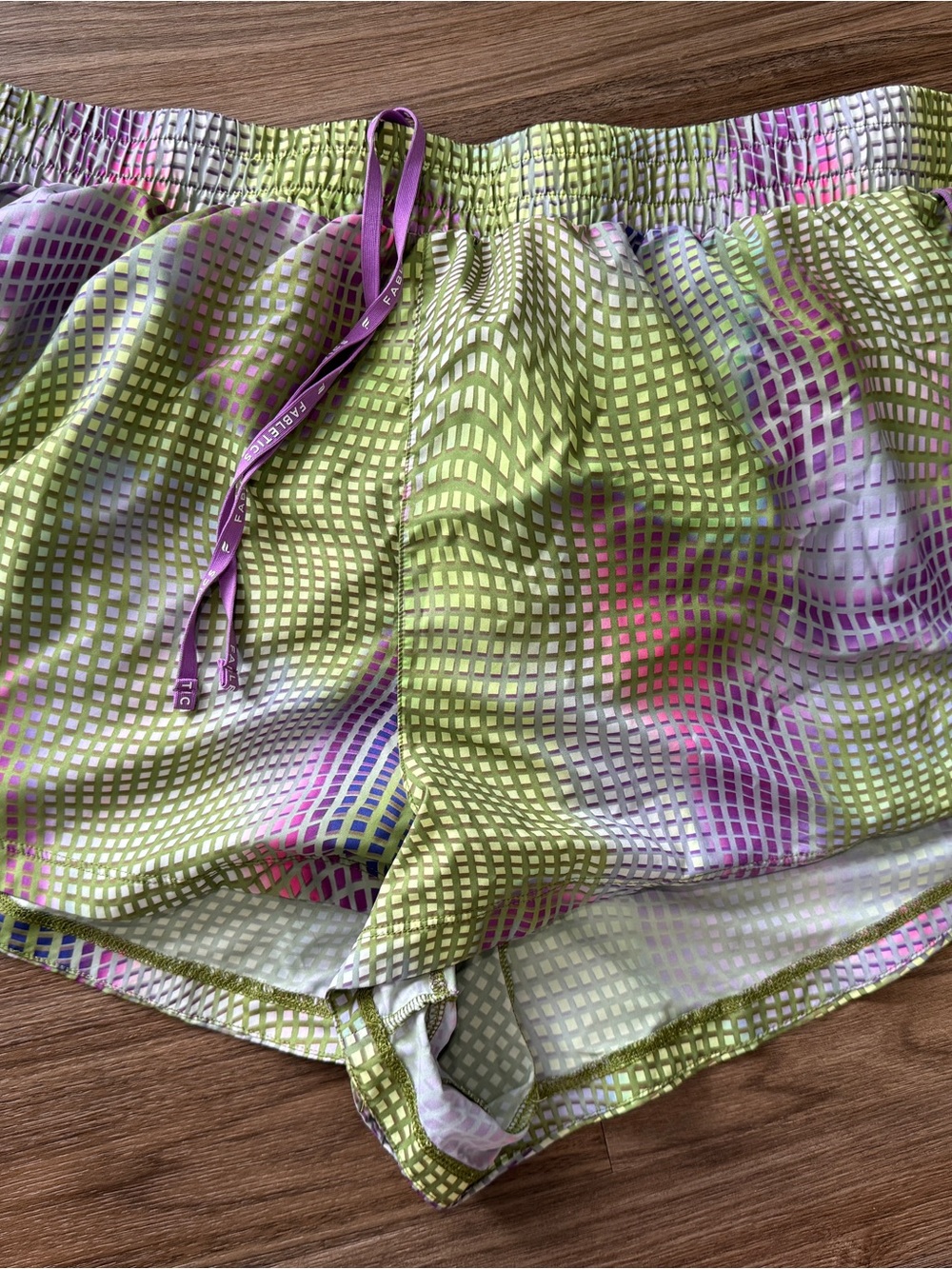 Lightweight Green Grid Print Lounge Shorts with Pink Drawstring